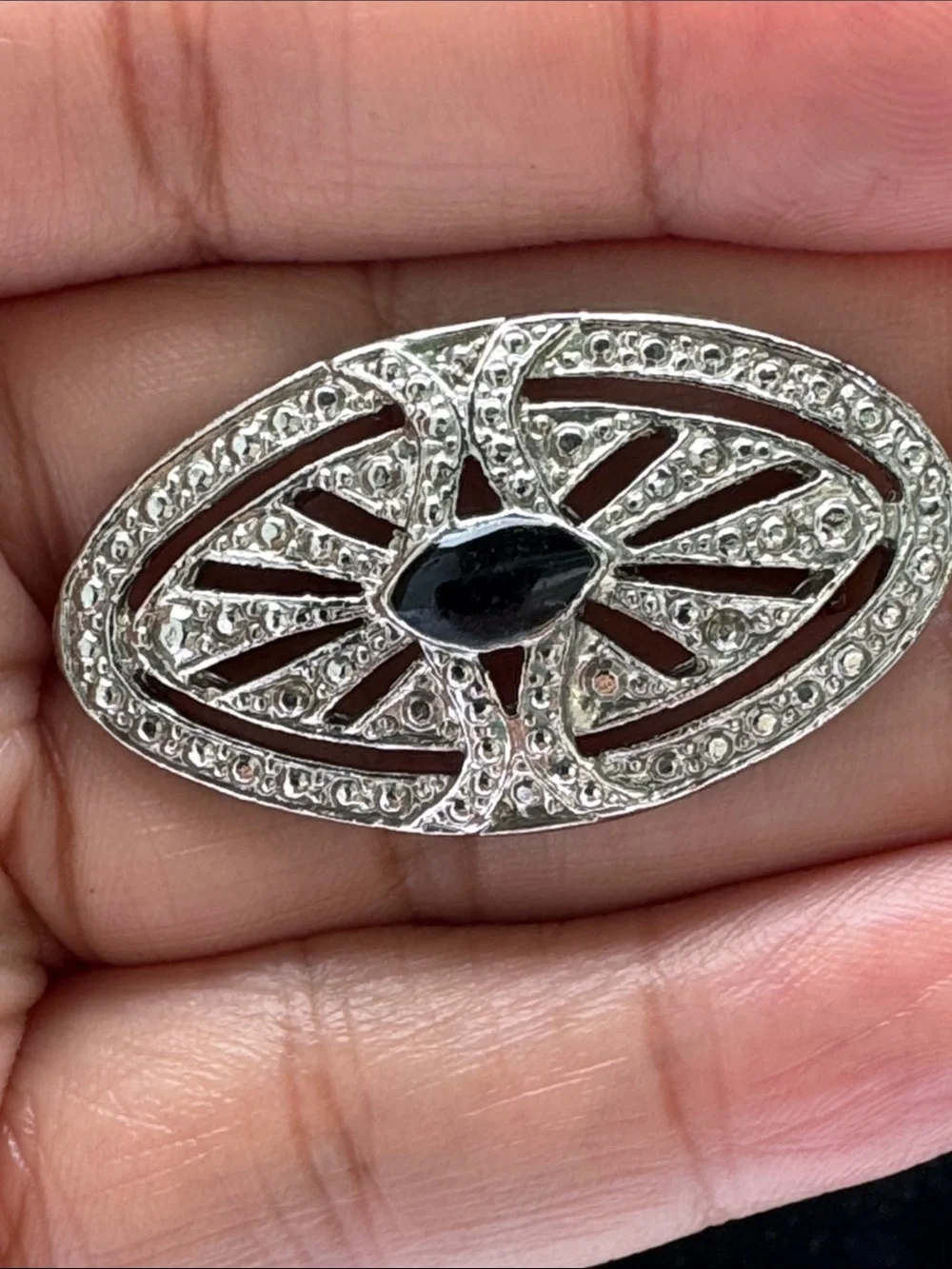 Vintage Silver-Tone Oval Brooch with Black Cabochon